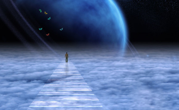 Soul Path. Man on a sky road