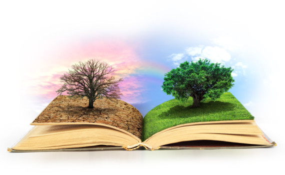 Concept of changes. Open book. One side full of grass with a life tree, different side is desert with a dead tree. Concept of doubleness.